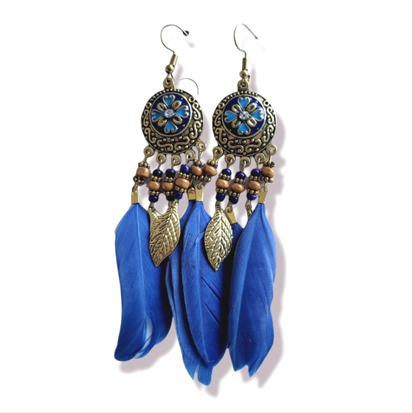 Hand Crafted Jewelry - Hand Crafted Artsy Boho Long Blue Feather Leaves Beaded Dangle Drop Earrings
